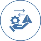Hand holding gear and alert symbol